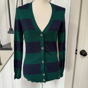 Green and Navy Striped Women's Cardigan Sweater